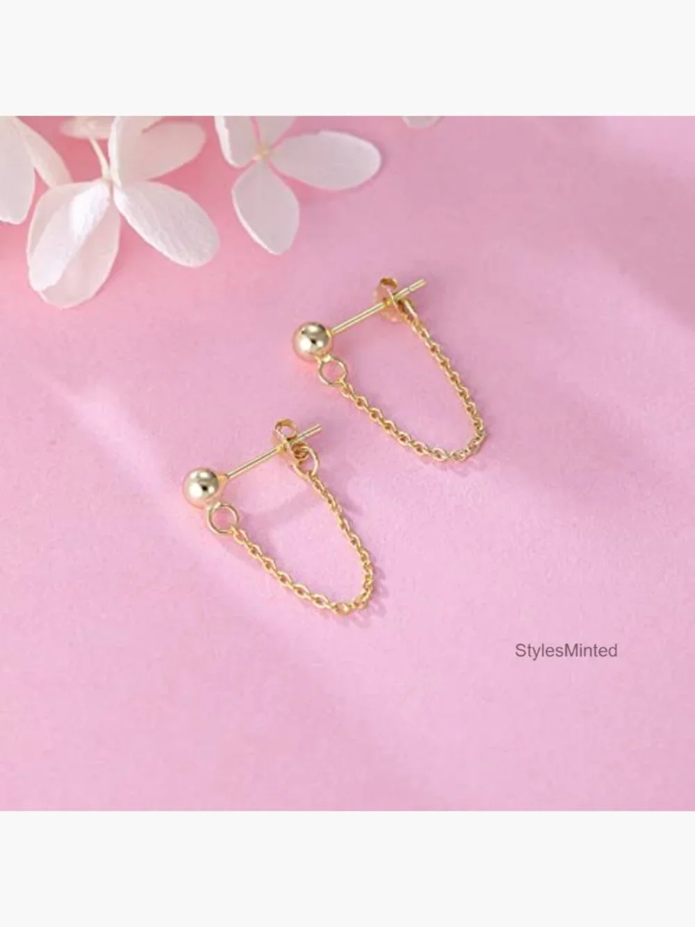 Minimalist Ball Earrings with Chain Dangle Sterling Silver Studs